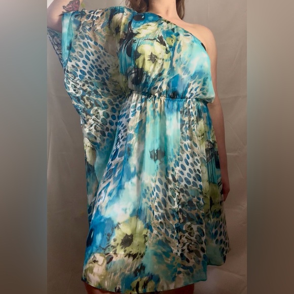 I.N. Studio Dresses & Skirts - Turquoise Floral Abstract One Shoulder Flowy Boho Beach Goddess Dress Size L-XL